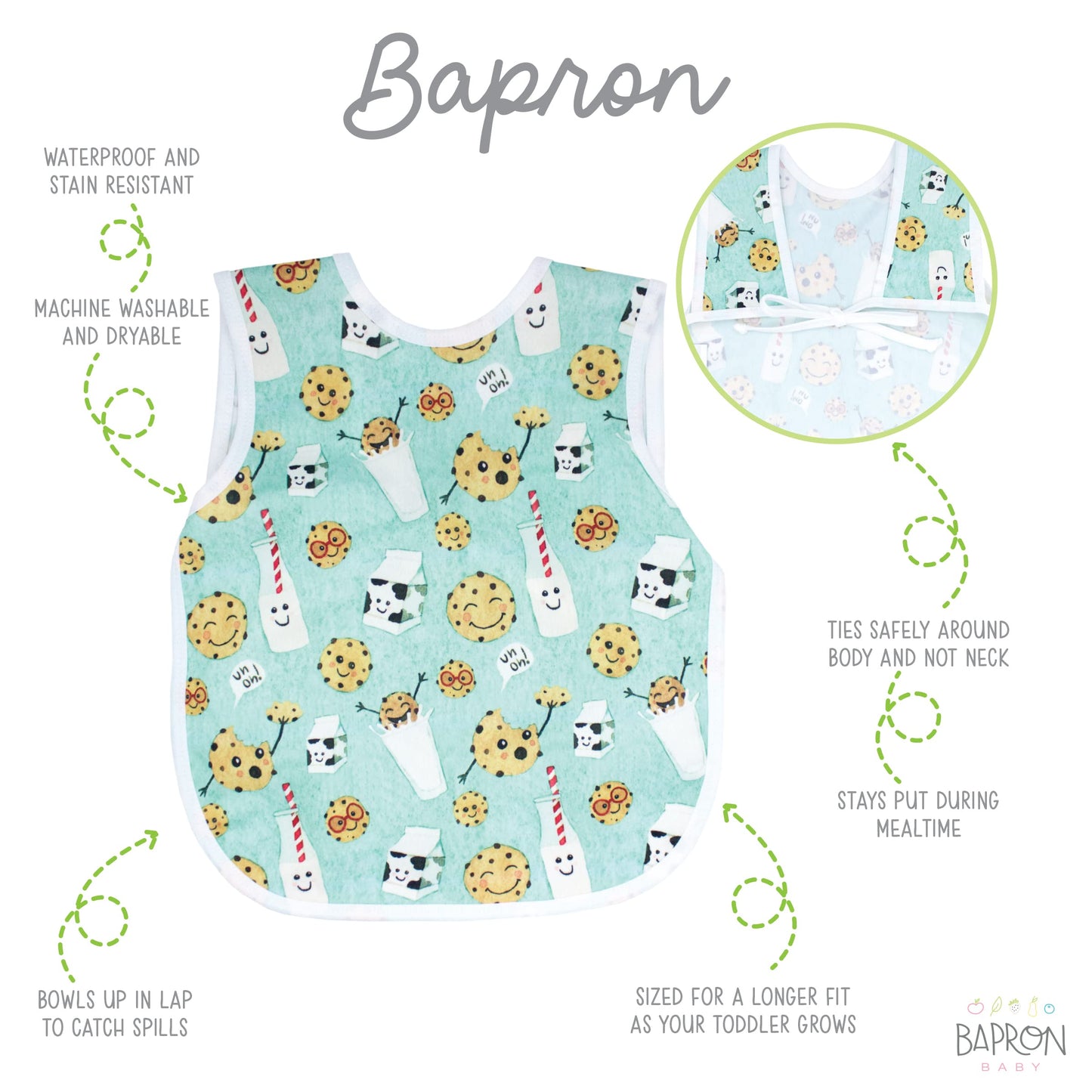 Bapronbaby Cookies & Milk Bapron - No Neck Tie Safer Bib For Baby & Toddler - Soft Waterproof Stain Resistant - Machine Washable
