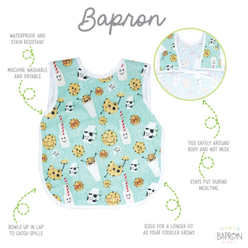Bapronbaby Cookies & Milk Bapron - No Neck Tie Safer Bib For Baby & Toddler - Soft Waterproof Stain Resistant - Machine Washable
