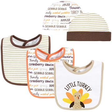Hudson Baby Unisex Baby Cotton Bib And Headband Or Caps Set, Little Turkey, One Size