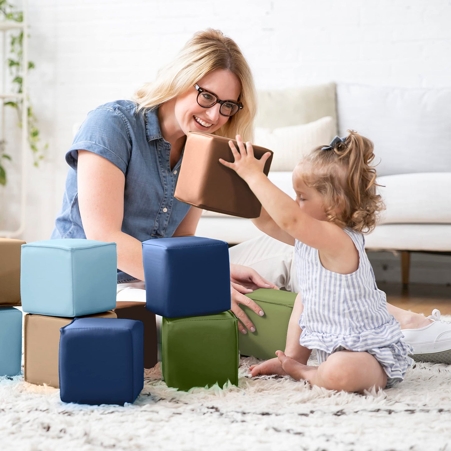 ECR4Kids SoftZone Patchwork Toddler Building Blocks, Foam Cubes, Earthtone, 12-Piece