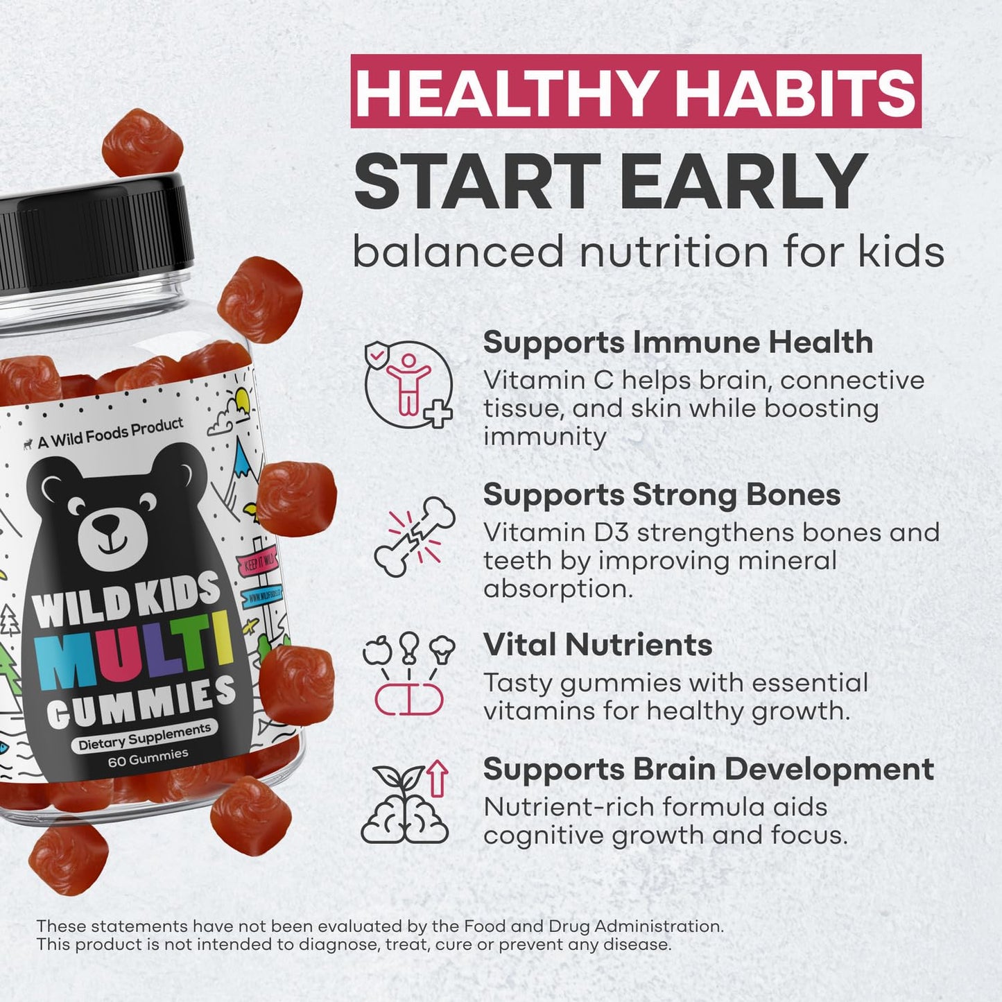 Wild Foods Kids Multivitamin Gummies - Natural Skin, Immune & Bones Support With Kids Vitamins A, C, D, E, B12, Iron & Dha - Pro