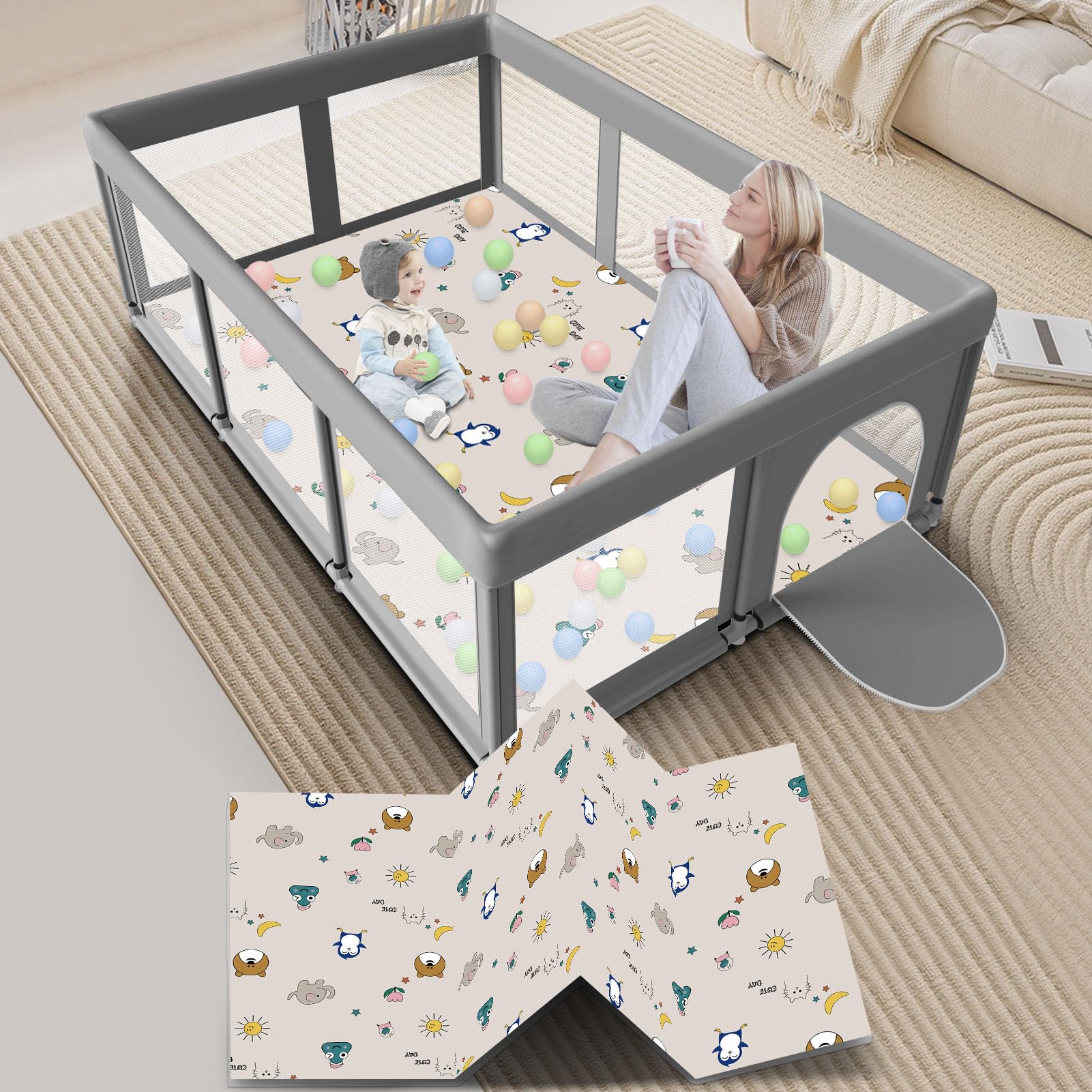 Large Baby Playpen With Mat, 74'   50', Large Baby Play Yards Indoor & Outdoor, Sturdy Safety Baby Play Pen With Soft Breathab