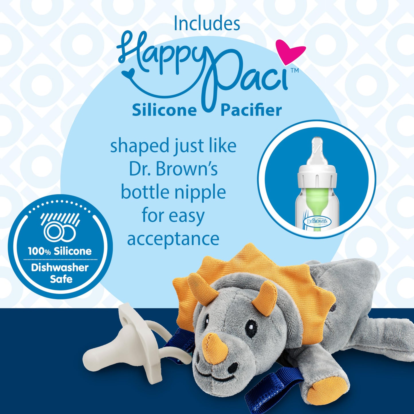 Dr. Brown'S Baby Lovey Pacifier And Teether Holder, Triceratops With Gray Happypaci, 100% Silicone, 0-6M