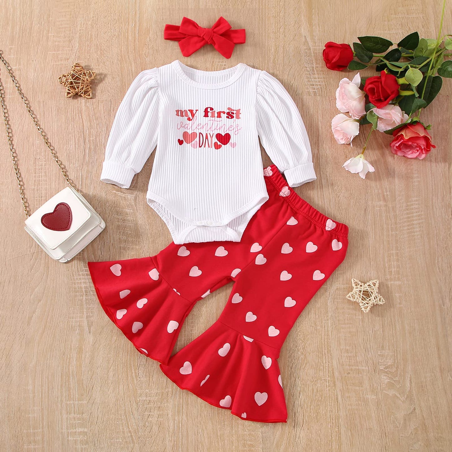 Twopumpkin My First Valentines Day Baby Girl Outfit Heart Onesie+Bell Bottoms+Headband Newborn Valentines Day Clothes Spring 6-1