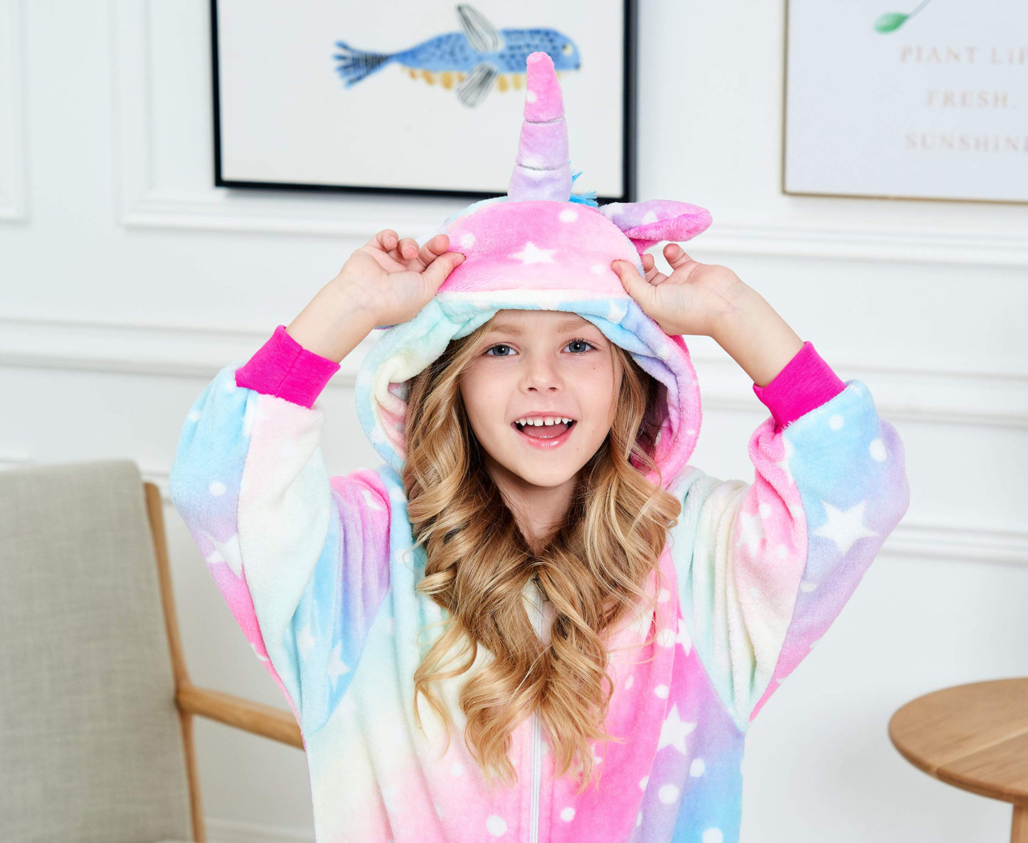 Chetosho Unicorn Hooded Onesie Girls Halloween One Piece Kids Costume (Oblique Stripe Starry Pink Blue 7-8 Years)