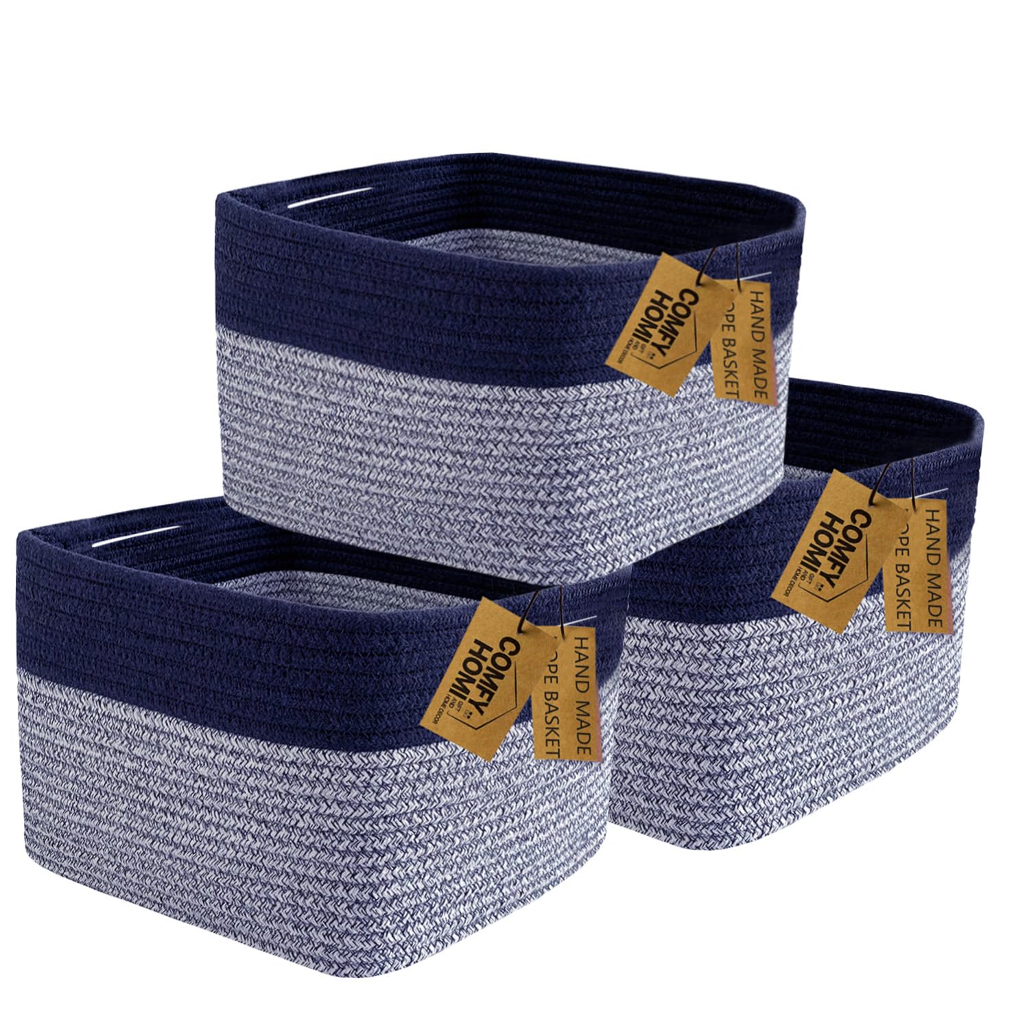 Comfy-Homi 3Pack Rectangular Cotton Rope Basket With Handles For Shelvesdog Toy Basketbaby Basketgift Basket Empty For Boy Girl-