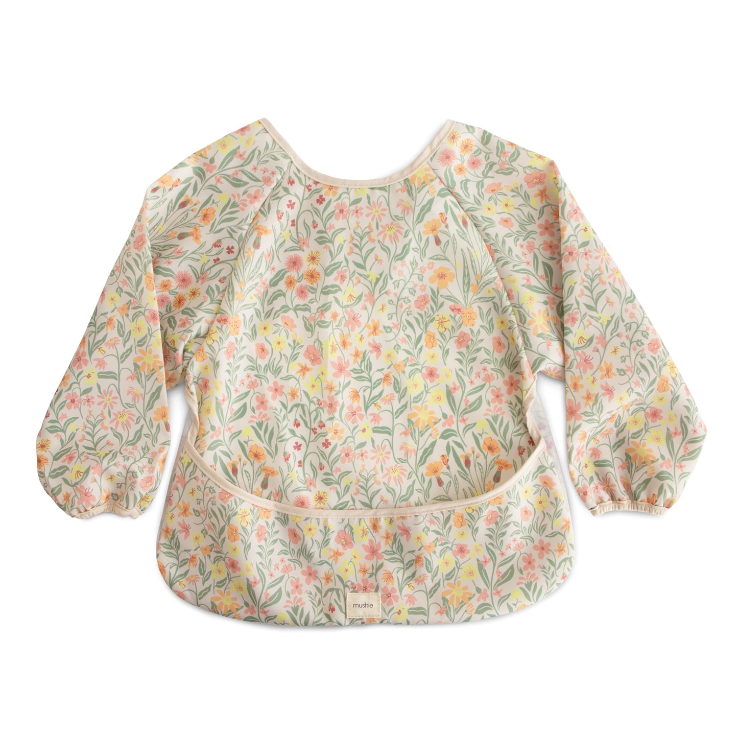 mushie Long Sleeve Baby Bib | Mess Free & Waterproof Fabric for Toddlers | Adjustable Fit for Ages 6-24 Months (Pastel Blooms)