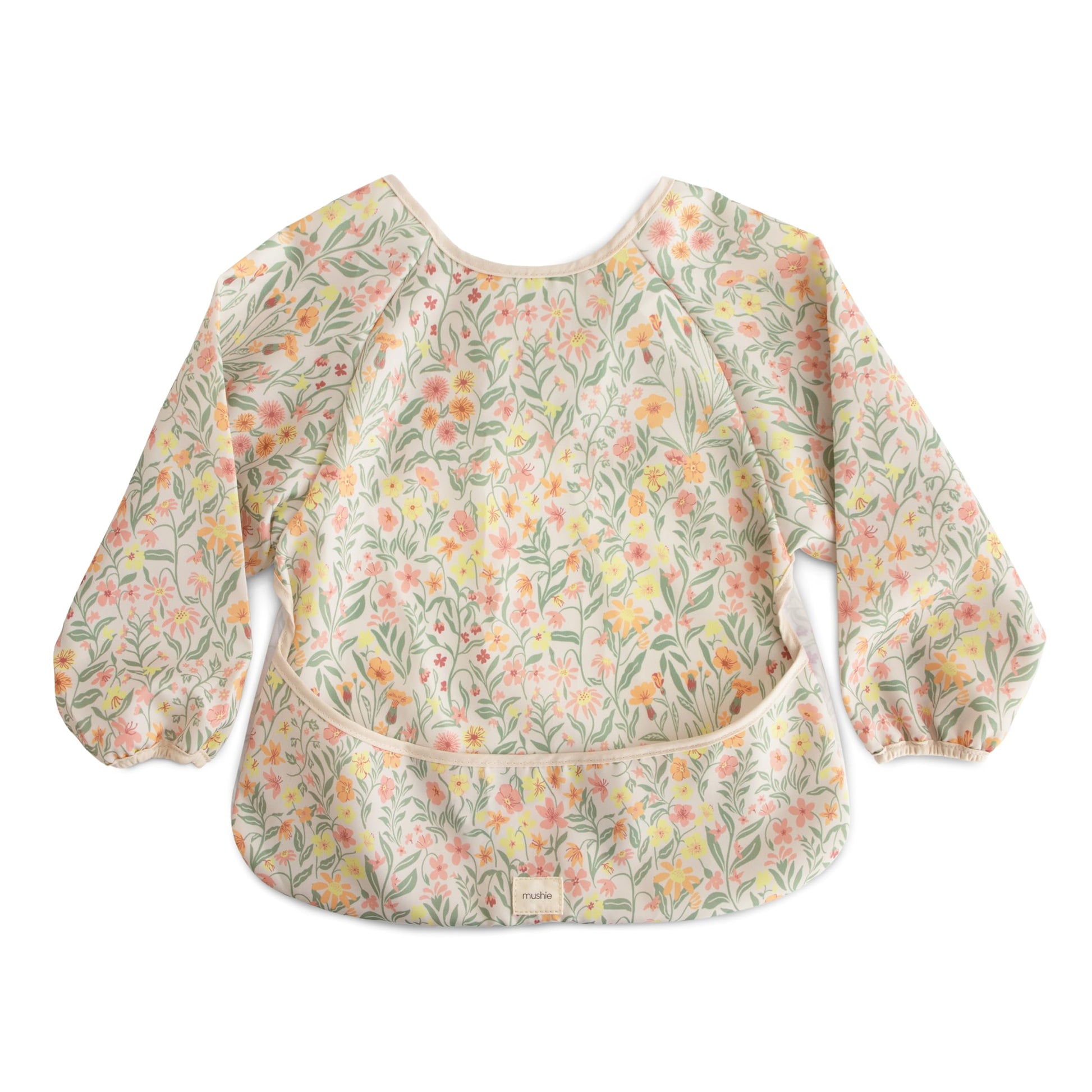 mushie Long Sleeve Baby Bib | Mess Free & Waterproof Fabric for Toddlers | Adjustable Fit for Ages 6-24 Months (Pastel Blooms)