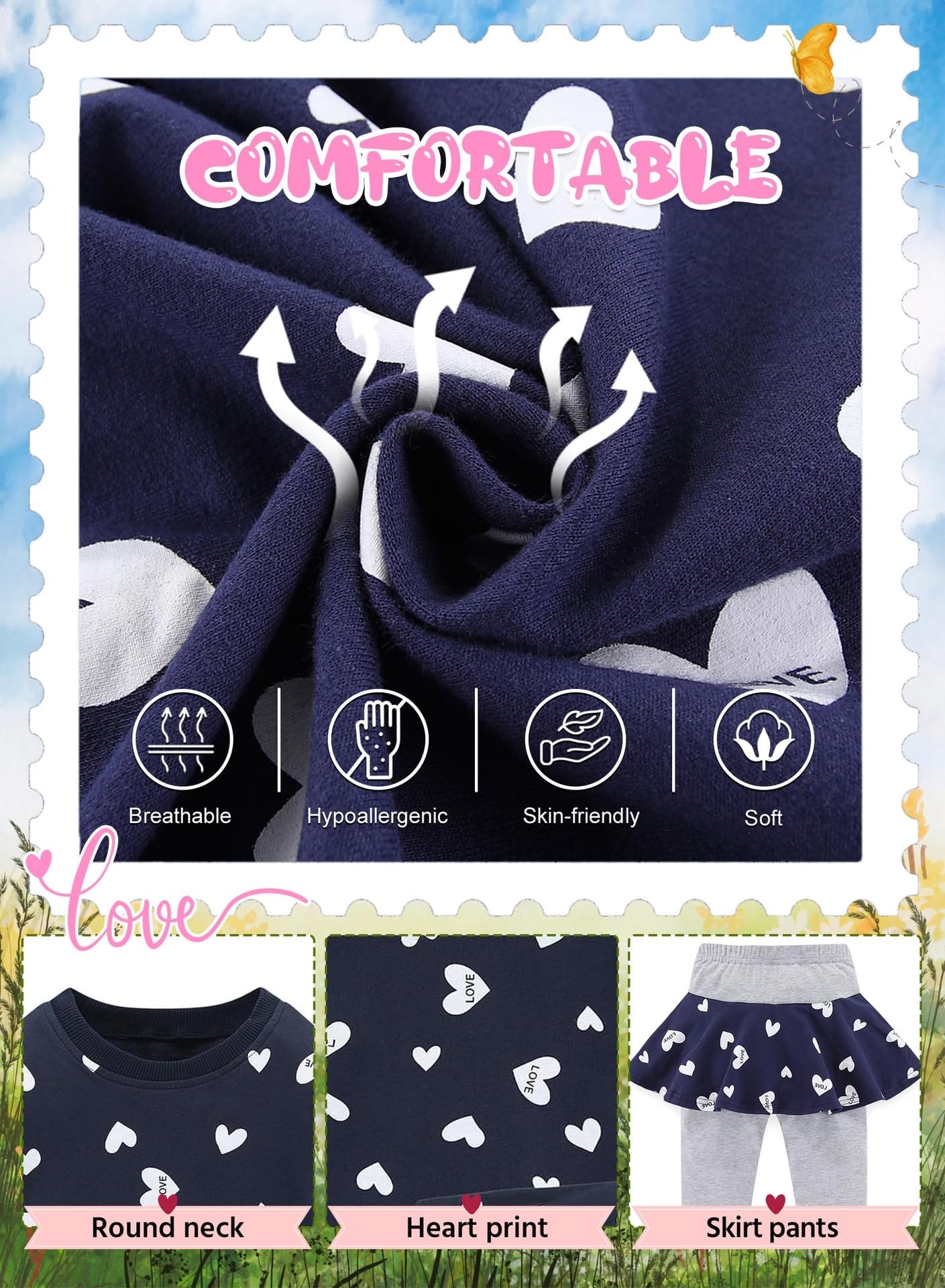 Bomdeals Adorable Cute Toddler Baby Girls Clothes Set,Long Sleeve T-Shirt +Pants Outfit(Age(3T), Navy)