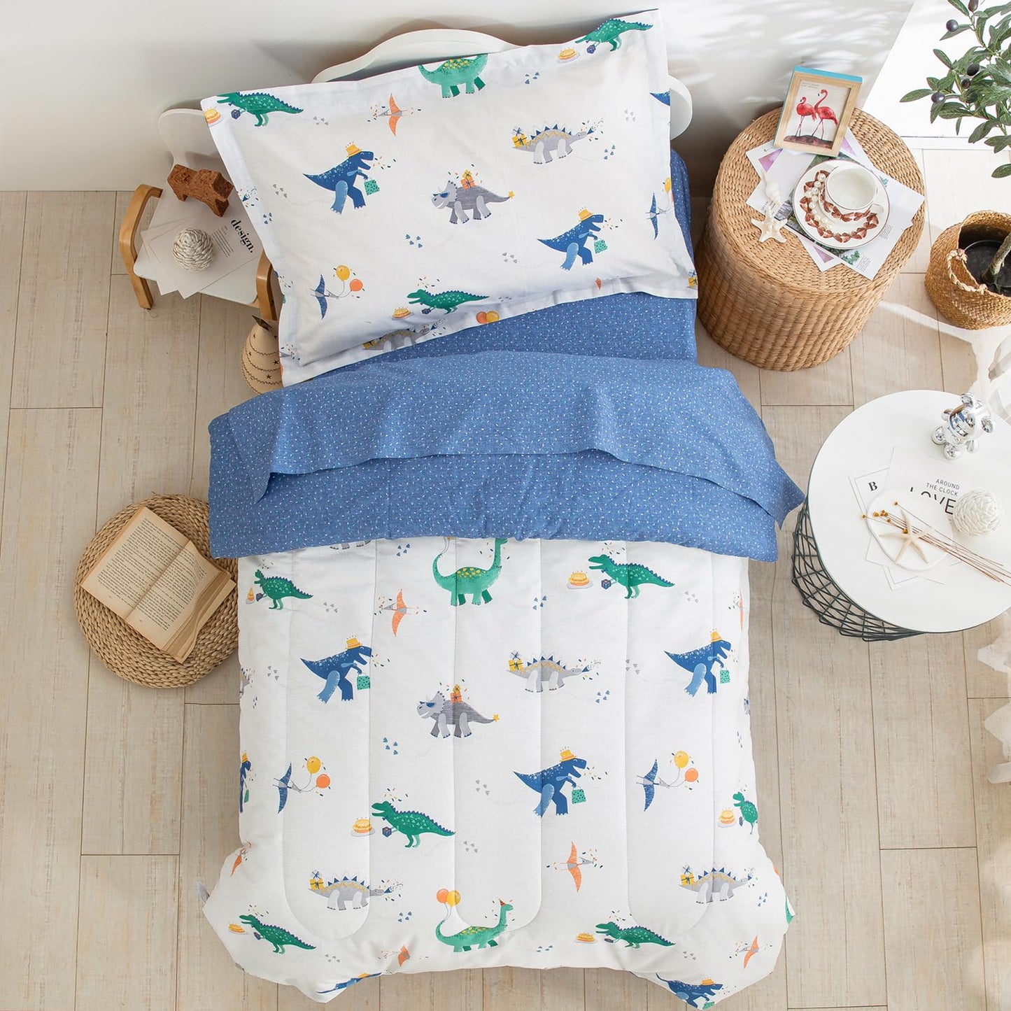 Djy Cotton Toddler Bedding Set, Blue Dinosaur Toddler Comforter Set For Boys Girls, 4 Pieces Soft Toddler Bed Set Includes Quilt