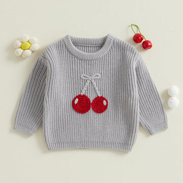 Jlkgicf Toddler Baby Girl Chunky Sweater Cherry Embroidery Knit Sweater Pullover Crewneck Shirt Valentines Spring Clothes (Cherr