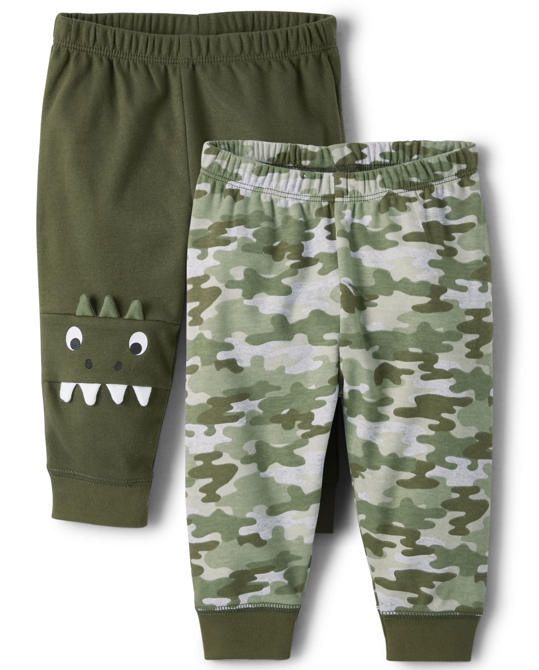 The Children'S Place Baby Boys Cotton Pants, Olive Green Dino/Green Camo 2 Pack, 12-18 Months Us
