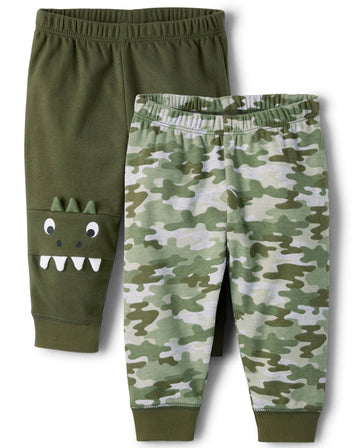 The Children'S Place Baby Boys Cotton Pants, Olive Green Dino/Green Camo 2 Pack, 9-12 Months Us