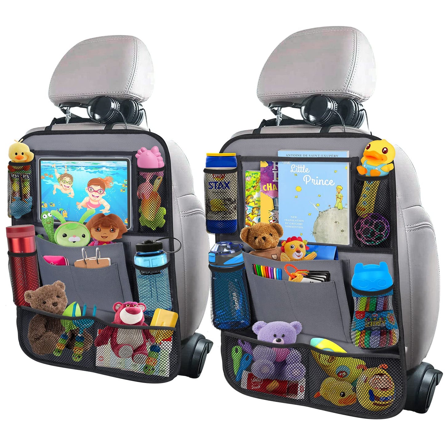 ULEEKA Car Backseat Organizer with 11 Table Holder, 10 Storage Pockets Seat Back Protectors Kick Mats for Kids Toddlers, Travel 