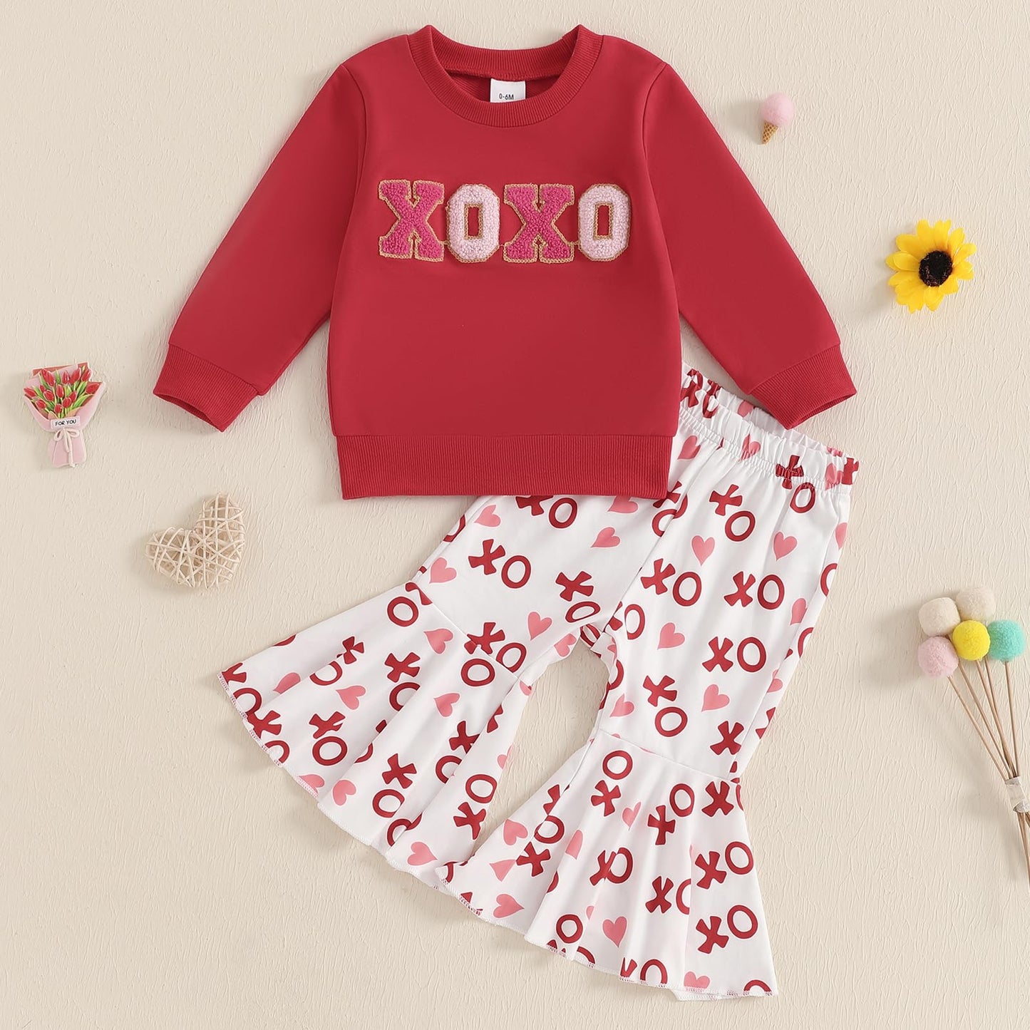 Nokpsedcb Baby Boy Girl Cute Letter Embroidery Long Sleeve Sweatshirt And Elastic Long Pants Toddler Valentine Outfits (Red Xoxo