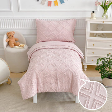 4 Pieces Tufted Toddler Bedding Set Light Pink Jacquard Tufts, Soft And Embroidery Shabby Chic Boho Bohemian Design For Baby Gir
