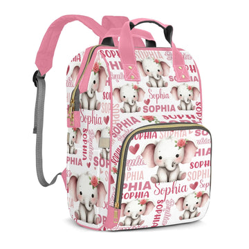 Perarts Pink Elephant Personalized Diaper Bag Backpack for Baby Boy with Name, Custom Nappy Nursing Bag for Moms Dads, Customize
