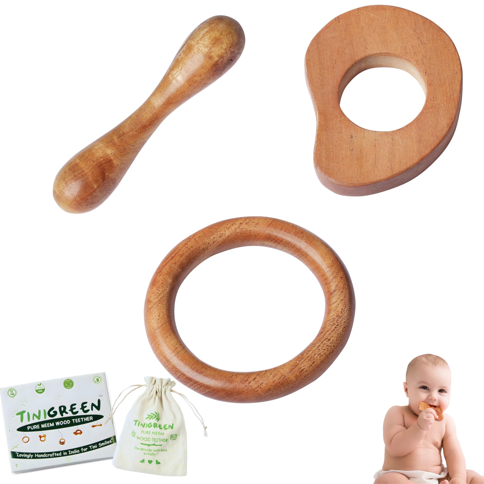 Tinigreen Mango Ring Dumbbell Shaped Organic Neem Wood Teether For 6 To 12 Months Infant Baby (Mango Ring Dumbbell Shape)  Pack