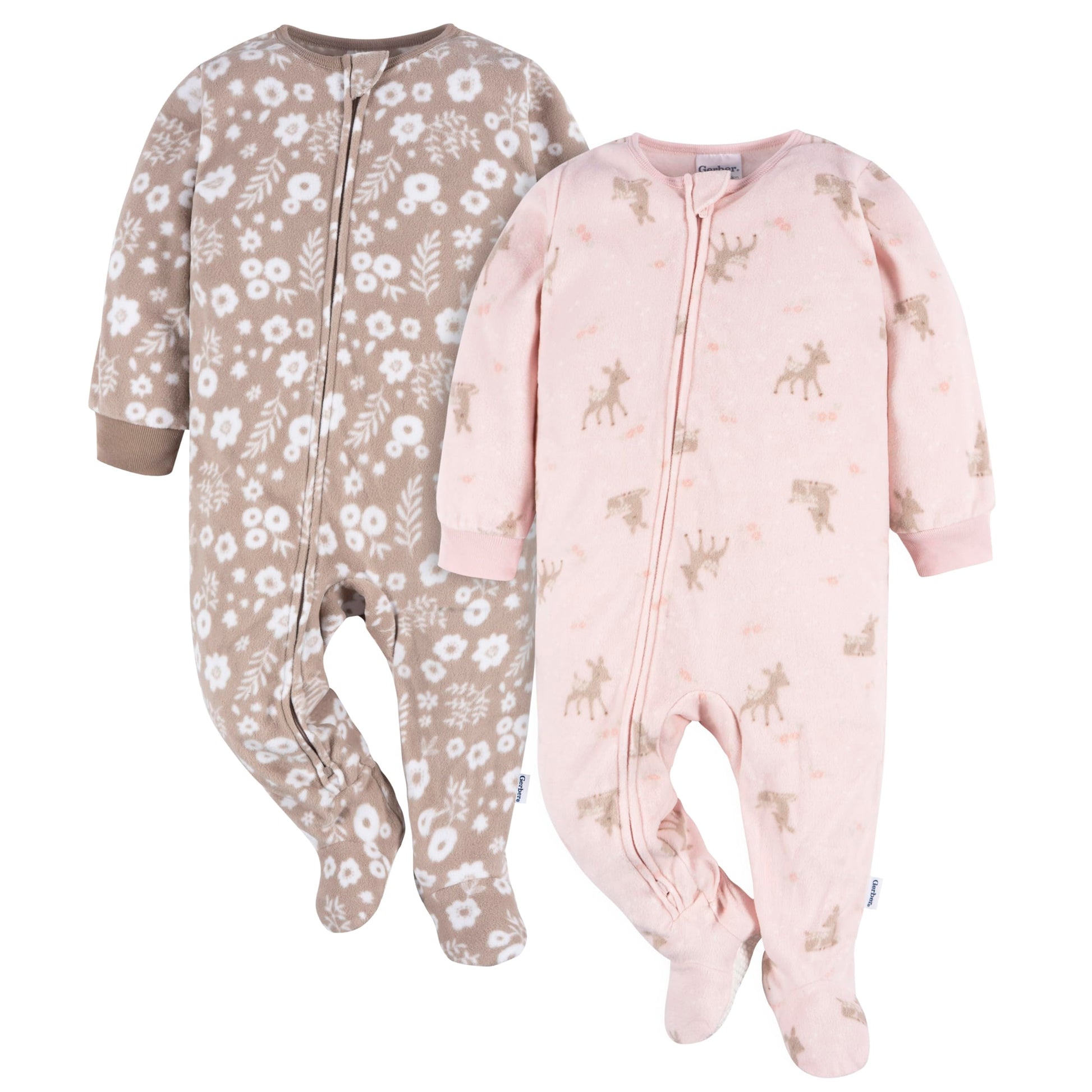 Gerber Toddler Baby Girls Flame Resistant Fleece Footed Pajamas 2-Pack, Pink Brown Deer