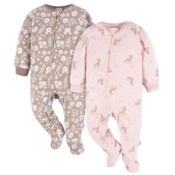 Gerber Toddler Baby Girls Flame Resistant Fleece Footed Pajamas 2-Pack, Pink Brown Deer