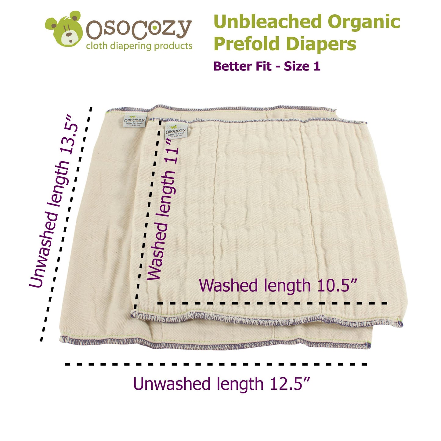 OsoCozy Organic Cotton Prefold Cloth Diapers Better Fit Small 4x8x4 Layering (6pk) - Super-soft, Thick, Absorbent, Durable and E