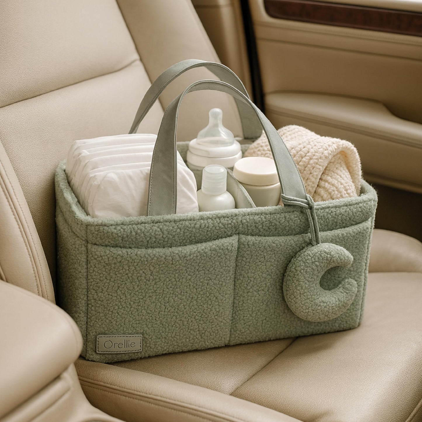Orelle Boucl   Diaper Caddy Organizer with Matching Pouch & Moon Pendant | Teddy Portable Changing Table Organizer | Sage Green