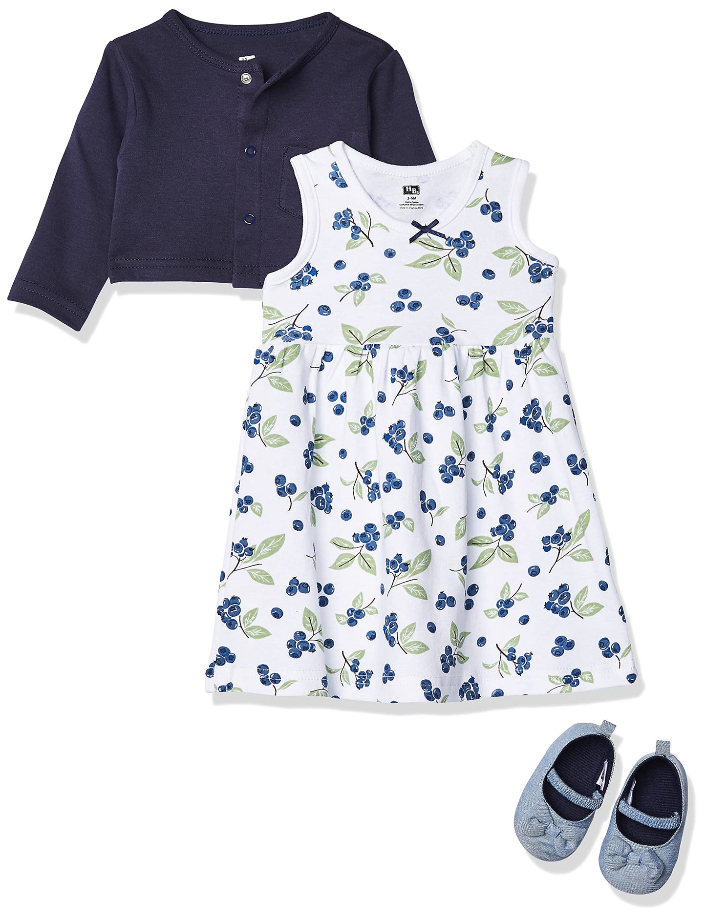 Hudson Baby Baby Girl Cotton Dress, Cardigan And Shoe Set, Blueberries, 0-3 Months
