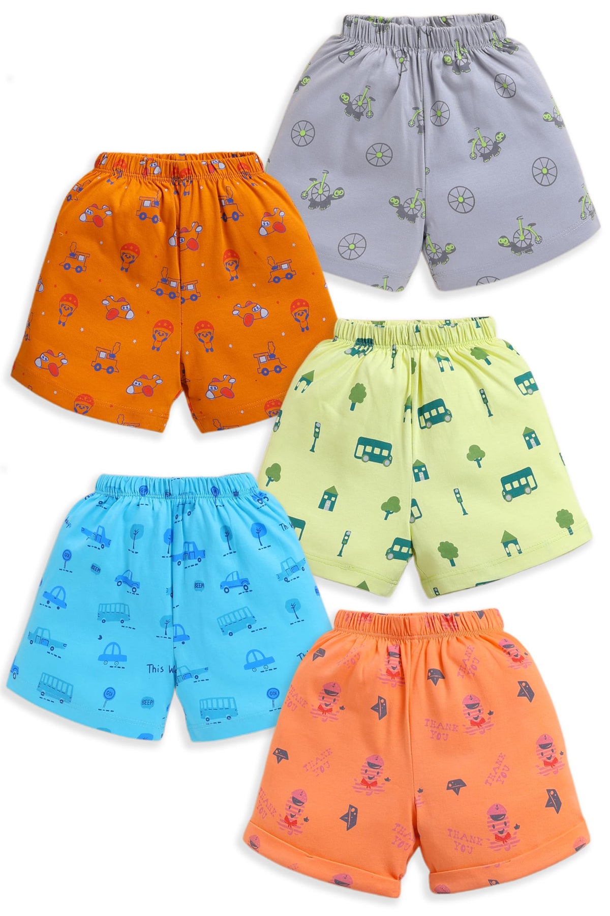 Luvlap Baby Boys & Girls Regular Fit 100% Cotton Shorts Pack Of 5, Vapour Grey, Lime Green, Blue Radiance, Desert Flower & Saffr
