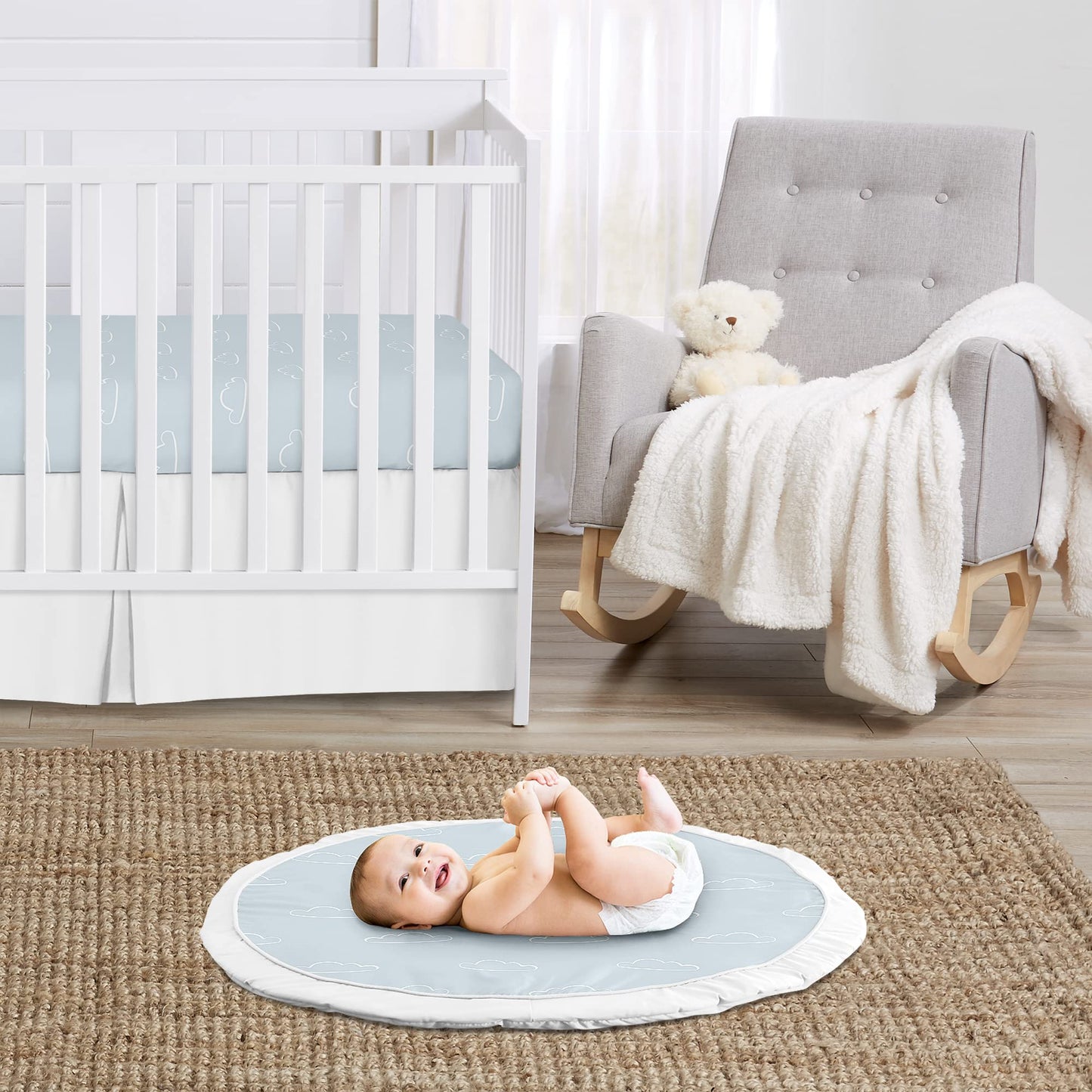 Sweet Jojo Designs Blue Clouds Boy Baby Playmat Tummy Time Infant Play Mat - Slate And White Cloud Sky For Vintage Airplane Avia