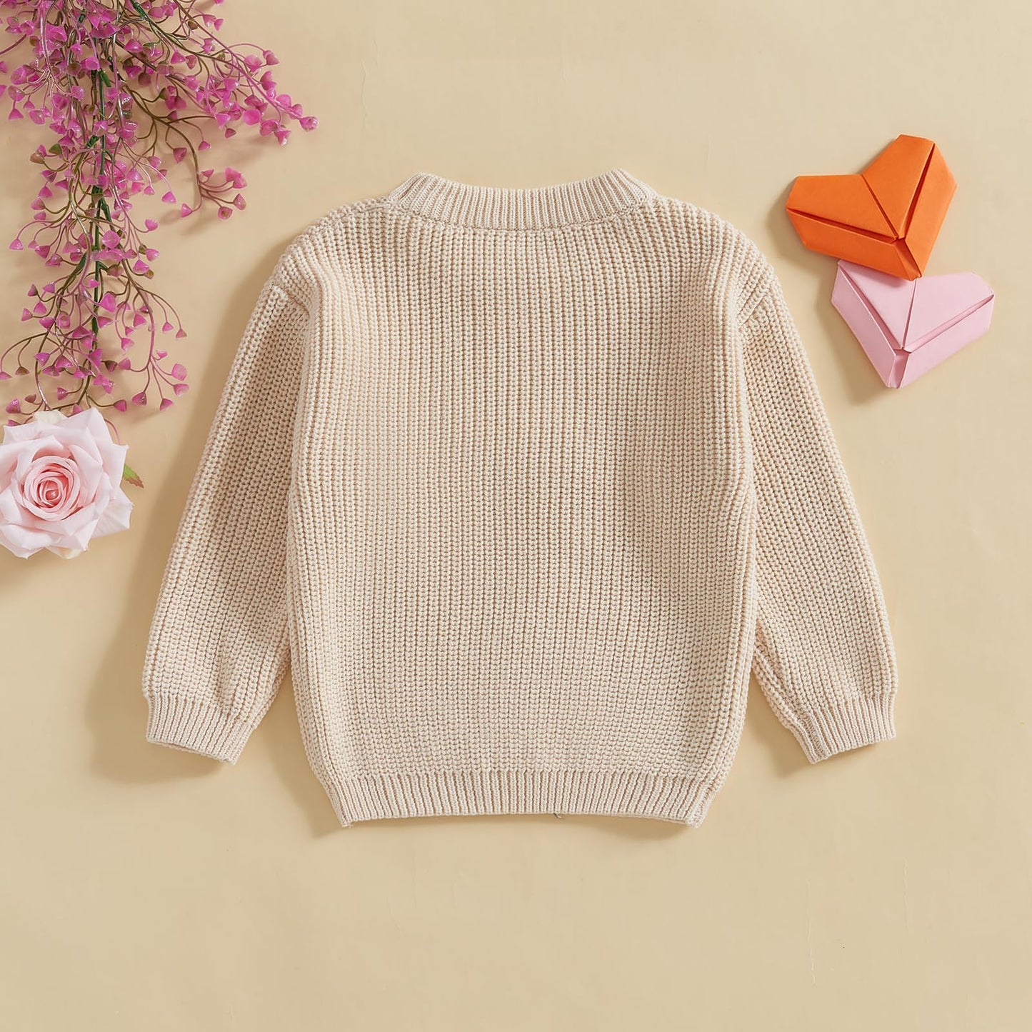 Visgogo Toddler Girl Boys Valentine'S Day Knit Sweater Long Sleeve O Neck Letter Heart Embroidery Pullover Knitwear (Beige, 12-1