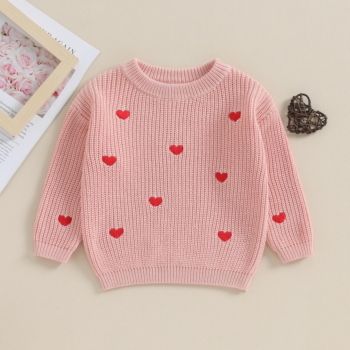 Baby Girl Cute Long Sleeve Crew Neck Love Embroidery Sweater Toddler Valentine Day Outfits (Pink Heart, 0-3 Months)