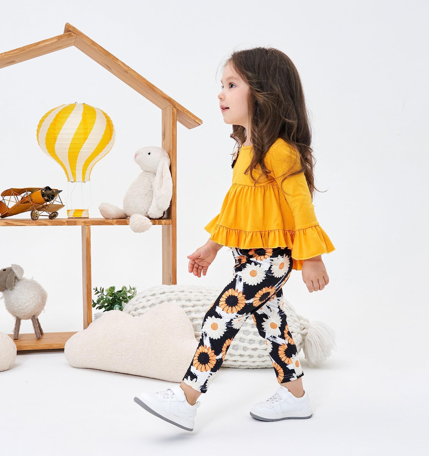 Axumity Kid Girl Clothes Ruffled Long-Sleeve High Low Top With Bowknot + Sunflower Print Pants 2-Piece Winter Spring Girl Outfit
