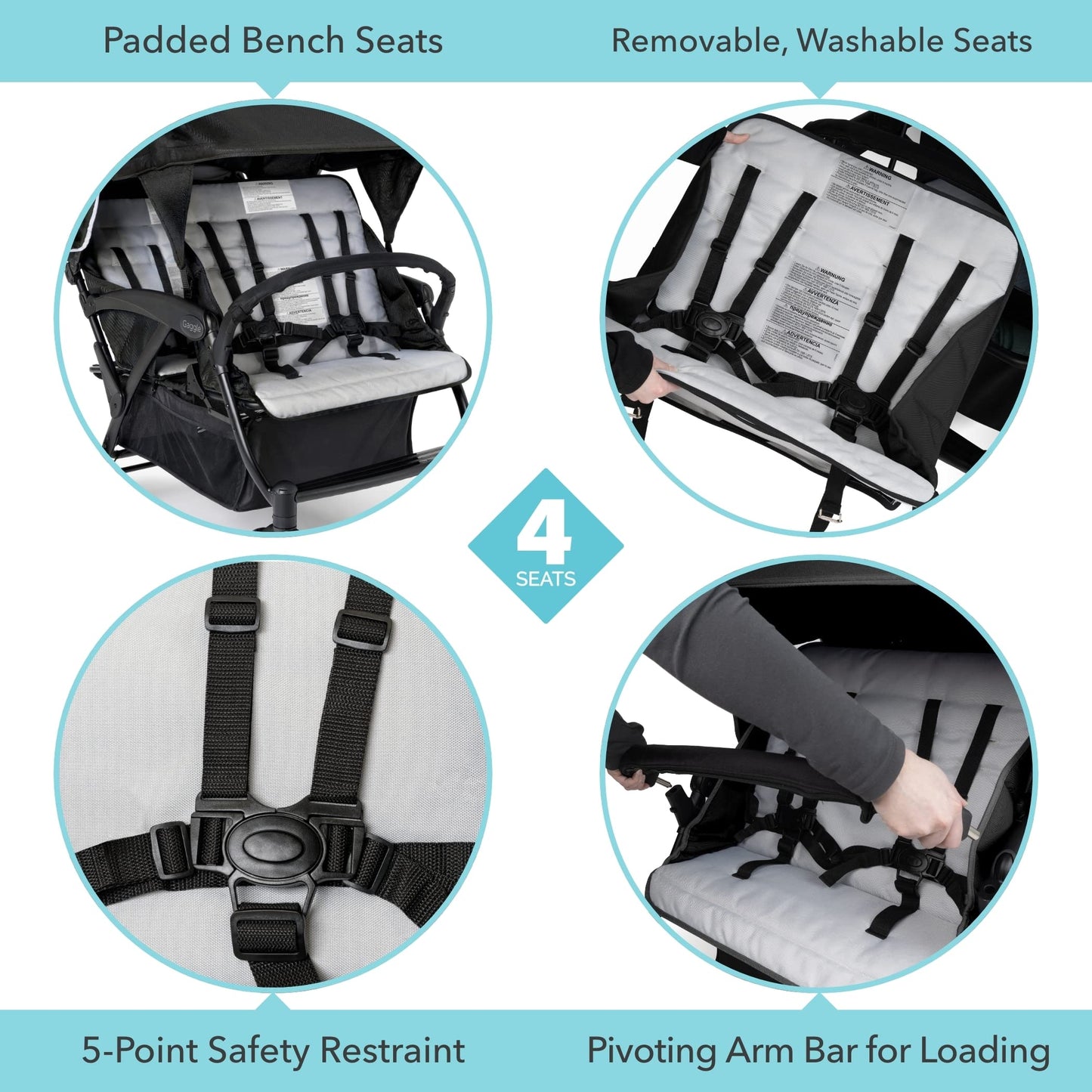 Gaggle By Foundations Odyssey 4 Seat Quad Stroller With Stroller Canopy And Bench Seats, 5 Point Harness, Foot Brake, Shock Abso