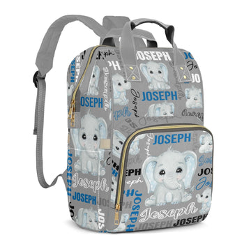 Perarts Elephant Custom Diaper Bag Backpack for Baby Boys Girls, Gray Personalized Mommy Nursing Bag with Name Customized Casual