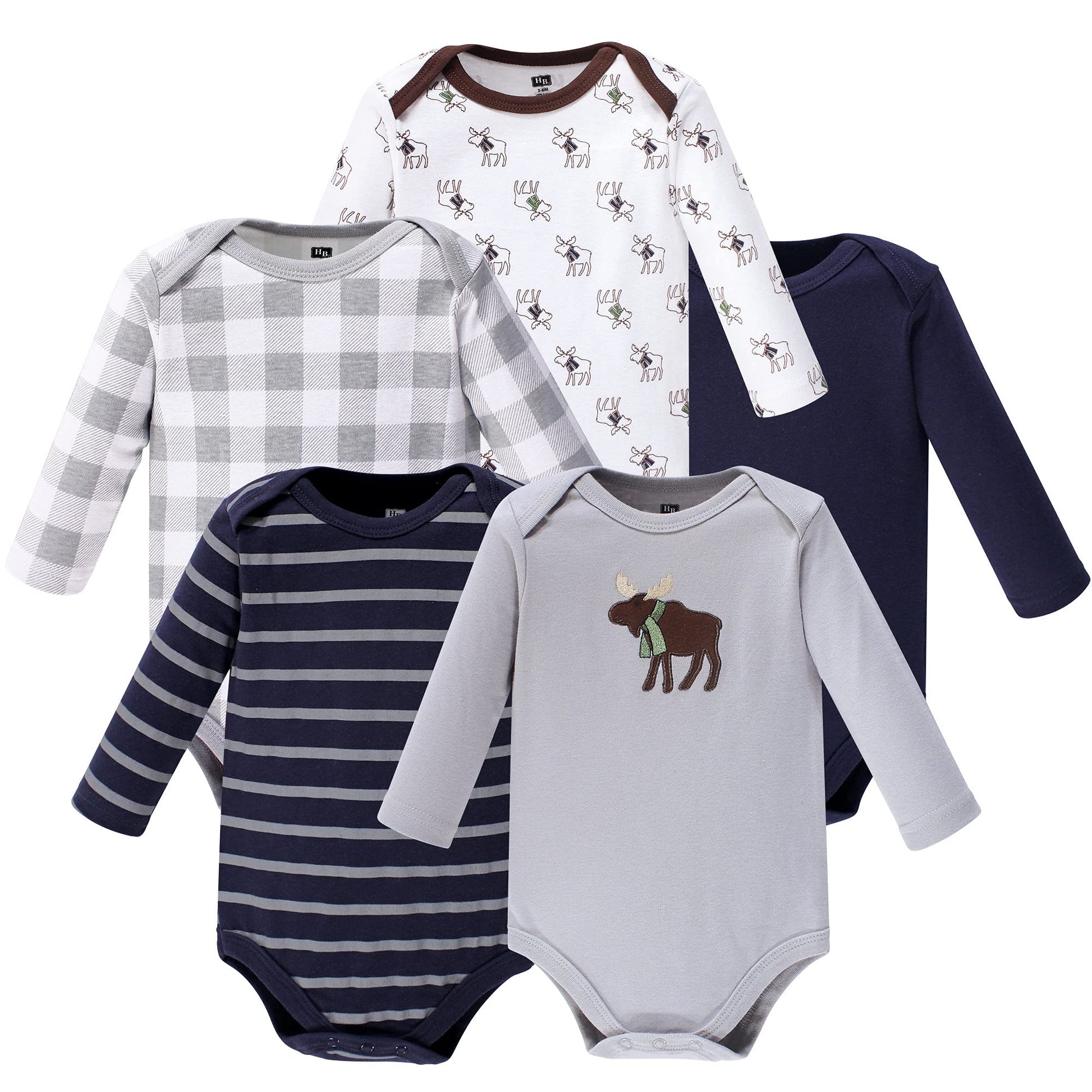Hudson Baby Unisex Baby Cotton Long-Sleeve Bodysuits T Shirt Set, Gray Moose, 3-6 Months Us