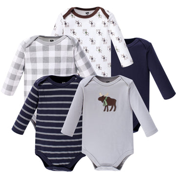 Hudson Baby Unisex Baby Cotton Long-Sleeve Bodysuits, Gray Moose, 6-9 Months