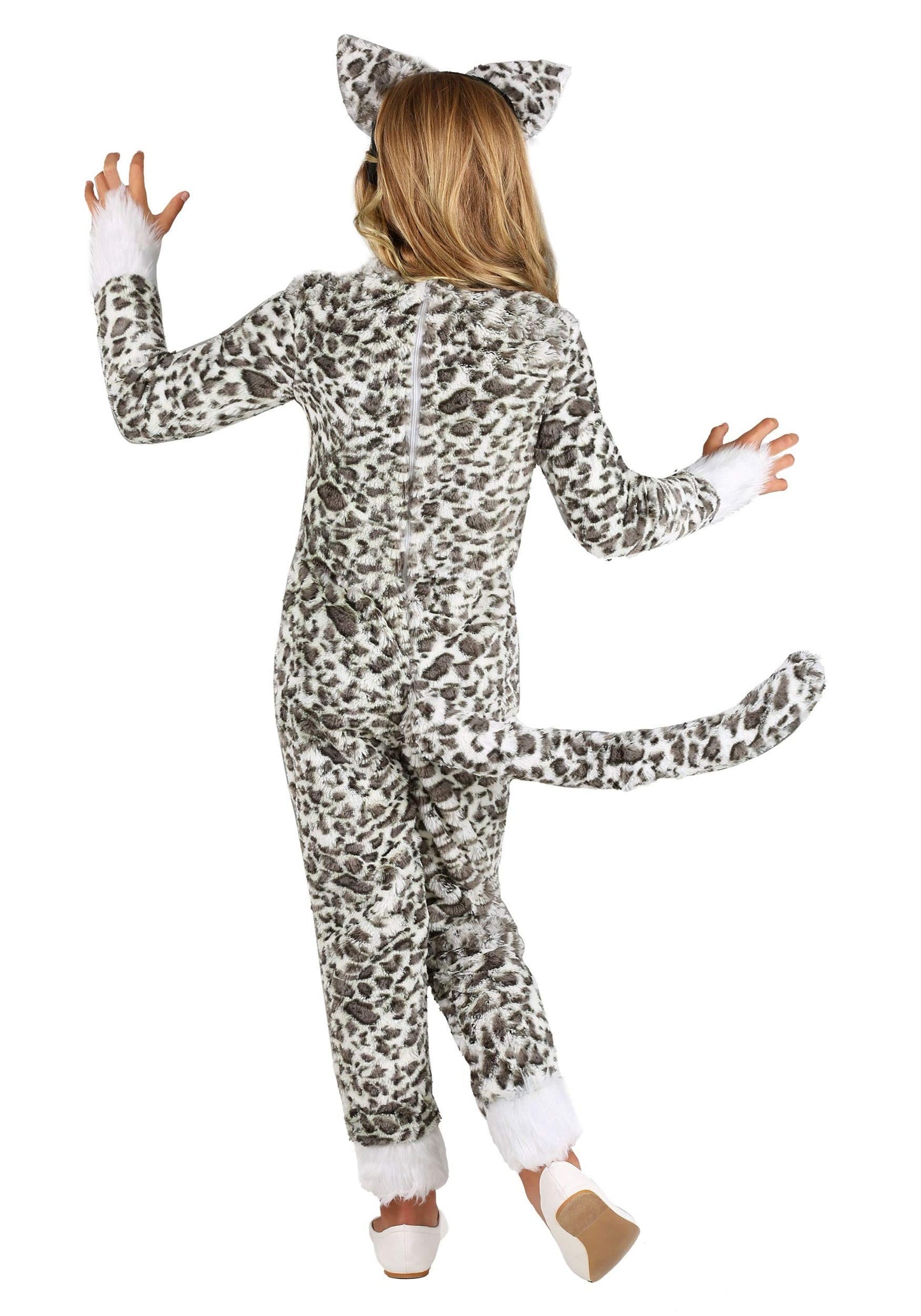 Kids Spotted Snow Leopard Costume Girls, White Faux Fur Animal Cute Cat Jumpsuit Halloween Outfit S