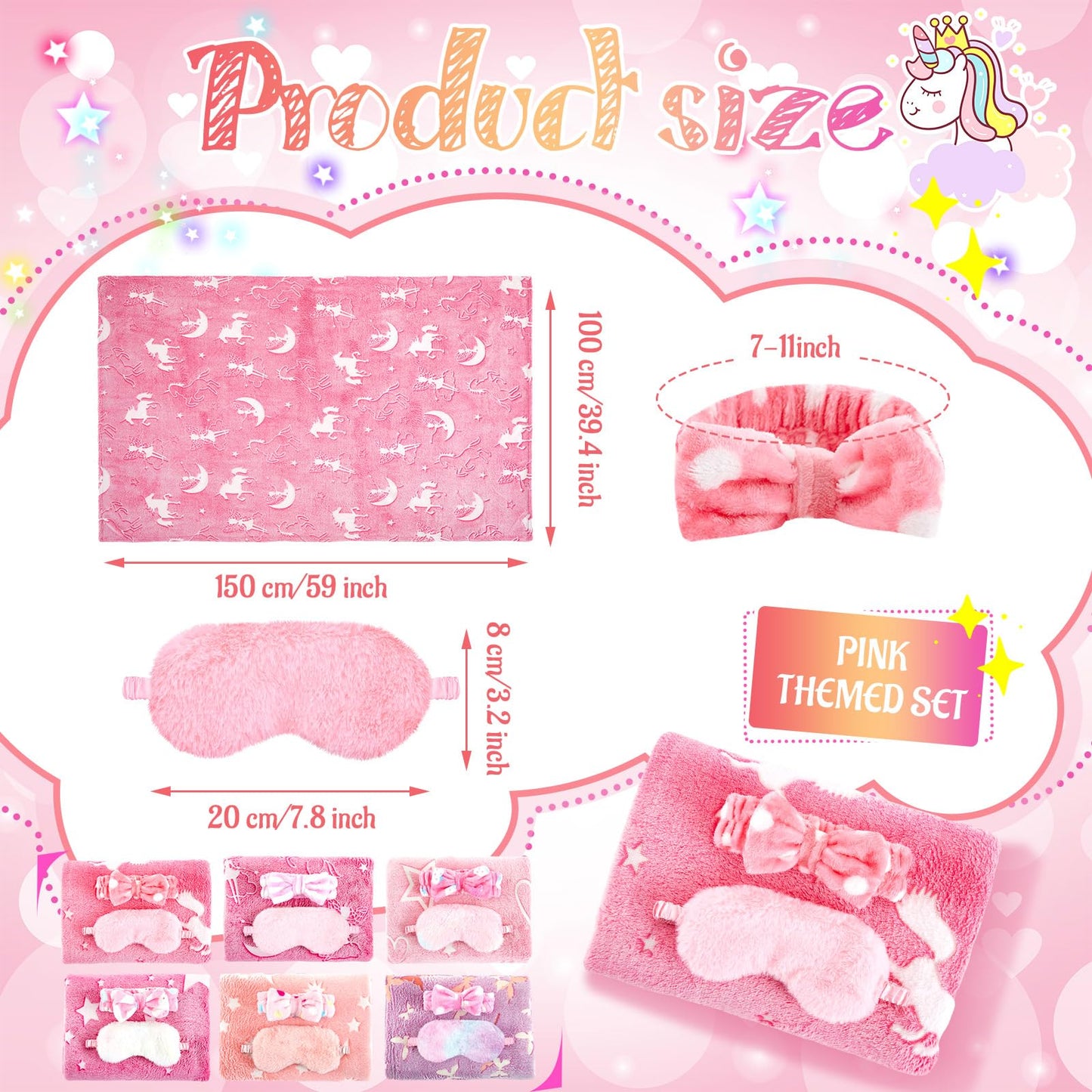 Fanfanwin 18 Pcs Sleepover Party Supplies For Girls, 6 Glow In The Dark Pink Blanket 6 Coral Fleece Spa Headband 6 Plush Eye Mas