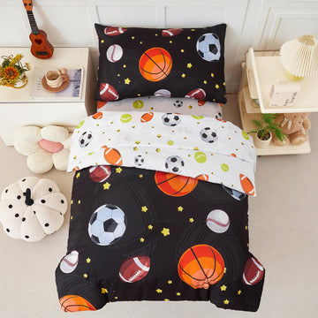 Perfemet Sports Theme Toddler Boys Bedding Set 4 Pieces Basketball Football Printed Toddler Comforter Set Reversible Design Ball