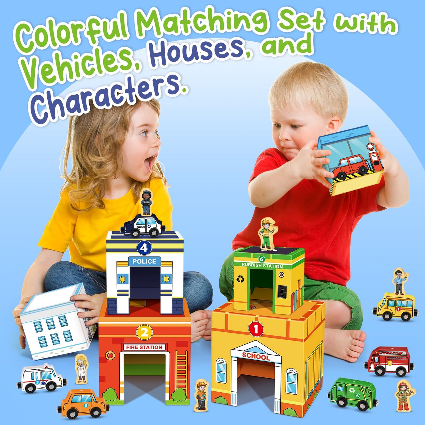 Aizweb Magnetic Wooden Vehicle Stacking Set,Sorting & Building STEM Blocks Cars Toys for Toddlers,Cardboard Educational Preschoo