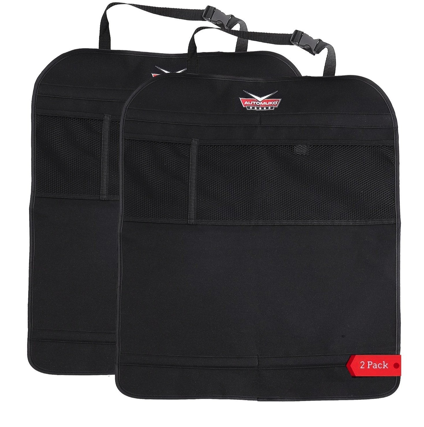 Automuko Kick Mats With Organizer - Premium Thick Waterproof Quality Seat Back Protectors - Extra Long Size With Adjustable Stra