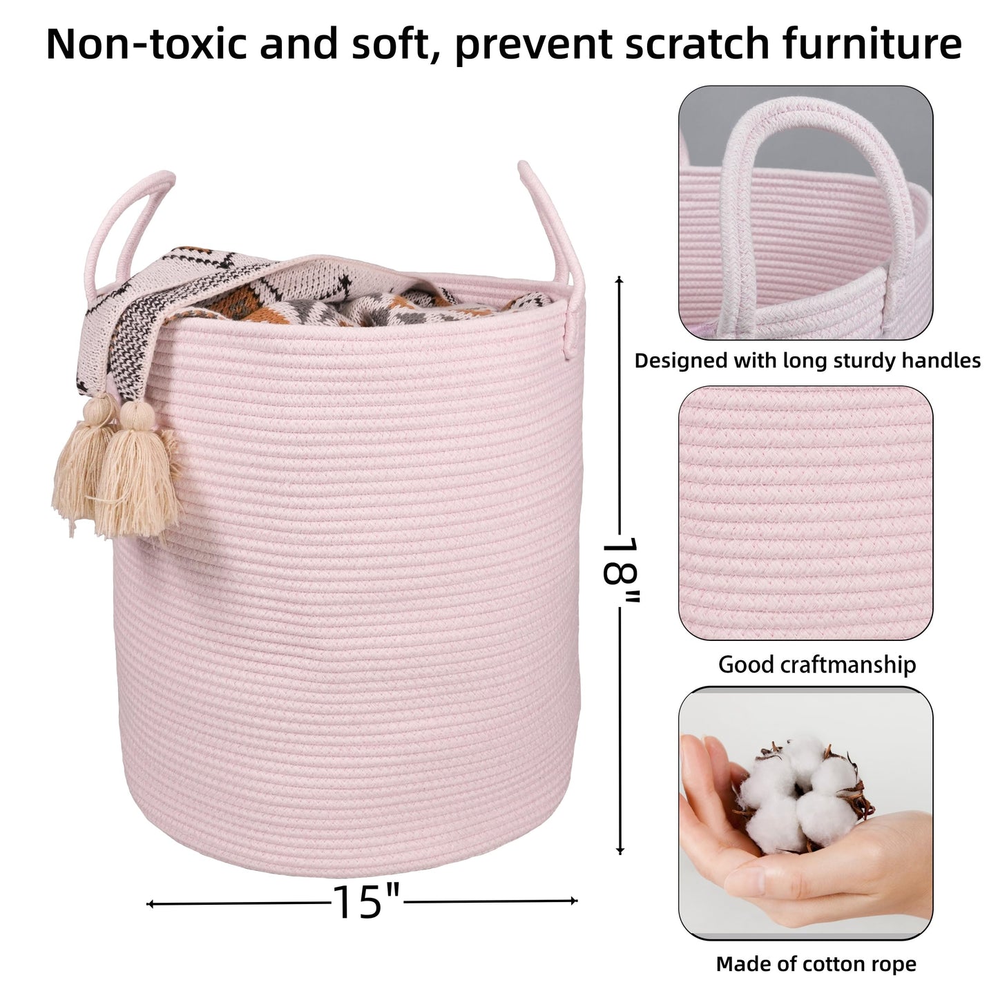 Xuanguo Cotton Rope Laundry Basket Hamper For Girls Kids Baby Nursery Hamper Bin Woven Storage Basket For Living Room Girls Room