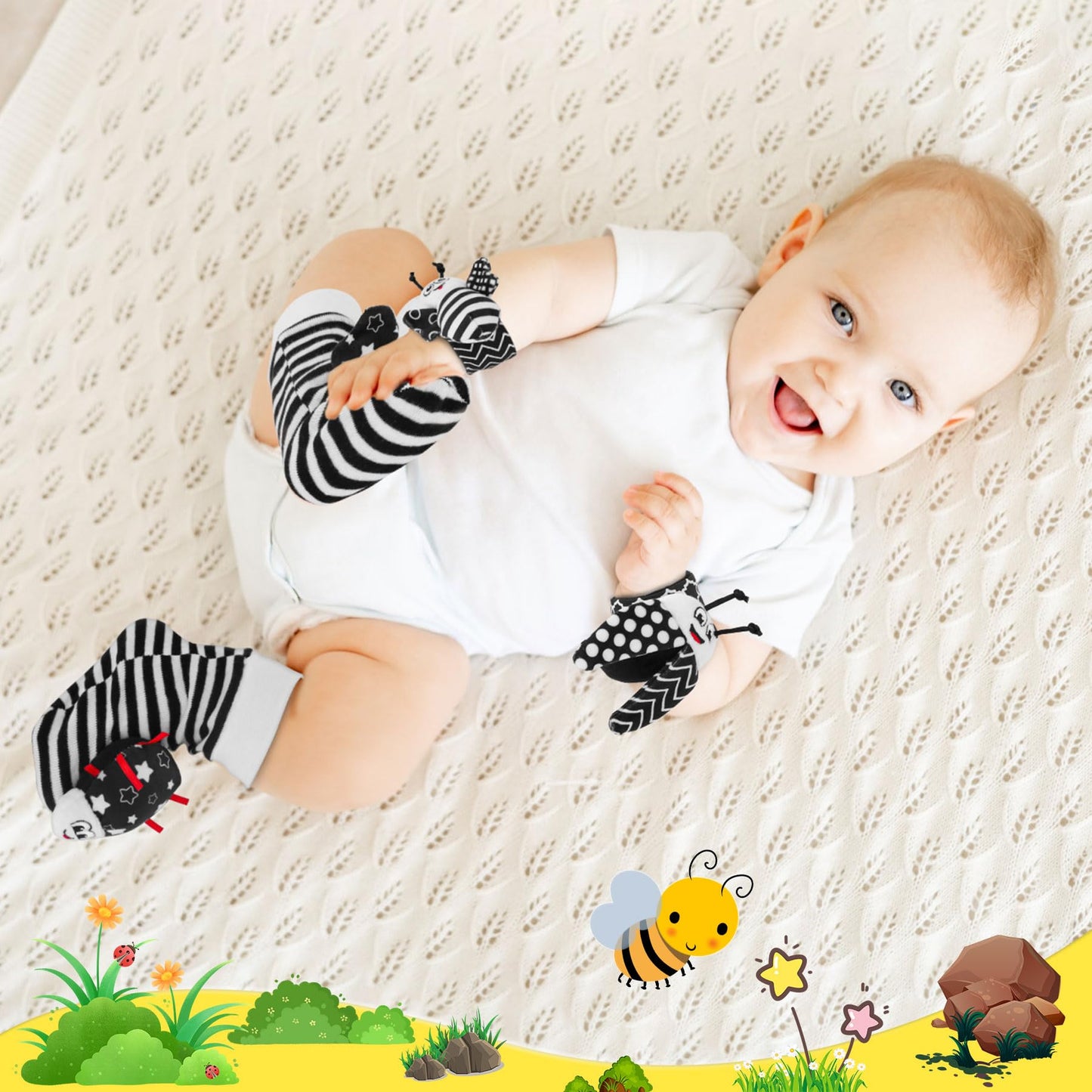 Baby Toys 0-6 Months, 4PCS Foot Finders & Wrist Rattles for Infants Toys Black and White Sensory Toys Baby Essentials for Newbor