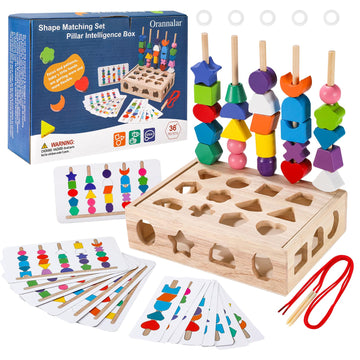 3 in 1 Montessori Wooden Beads Sequencing Toy Set - Color Sorting Stacking Geometric Shape Matching Game Beads Sequencing Toy La