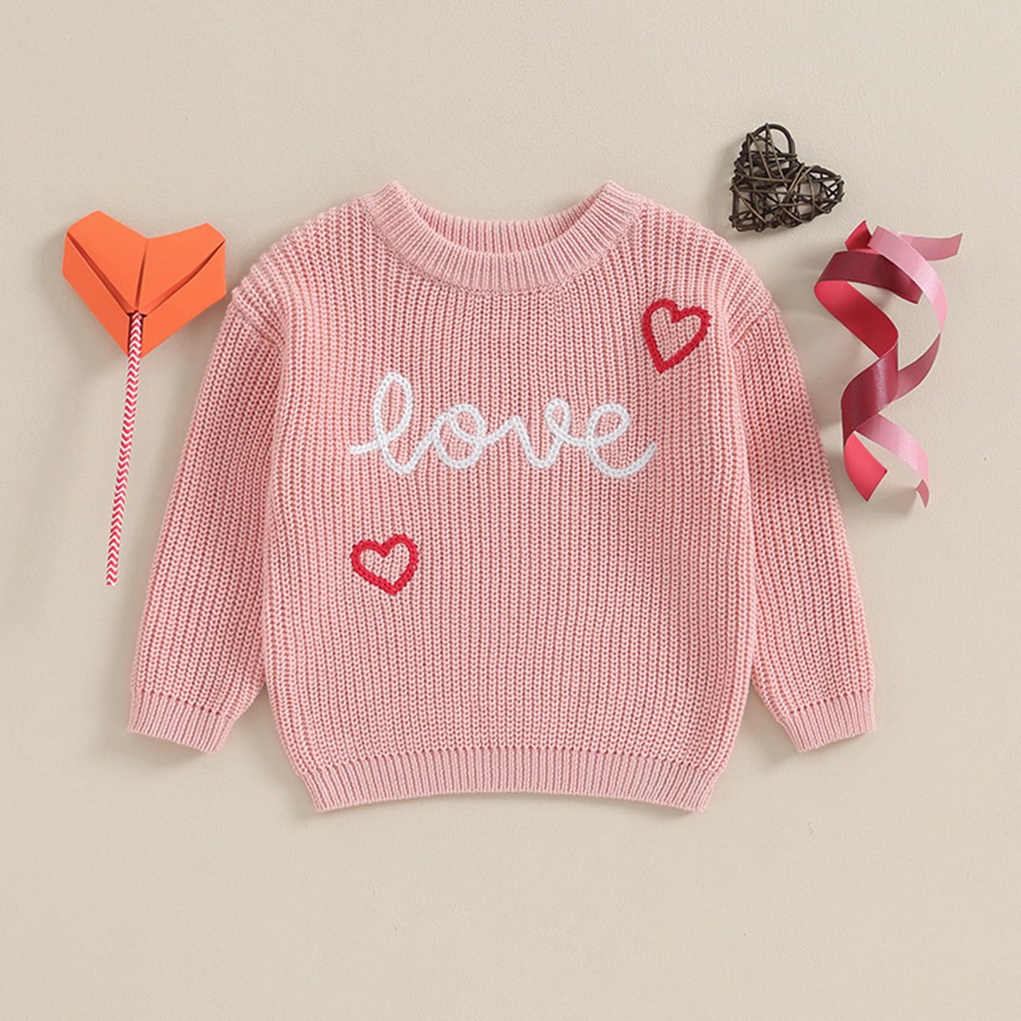 Baby Girl Cute Long Sleeve Crew Neck Love Embroidery Sweater Toddler Valentine Day Outfits (Pink Love Heart, 2-3 Years)
