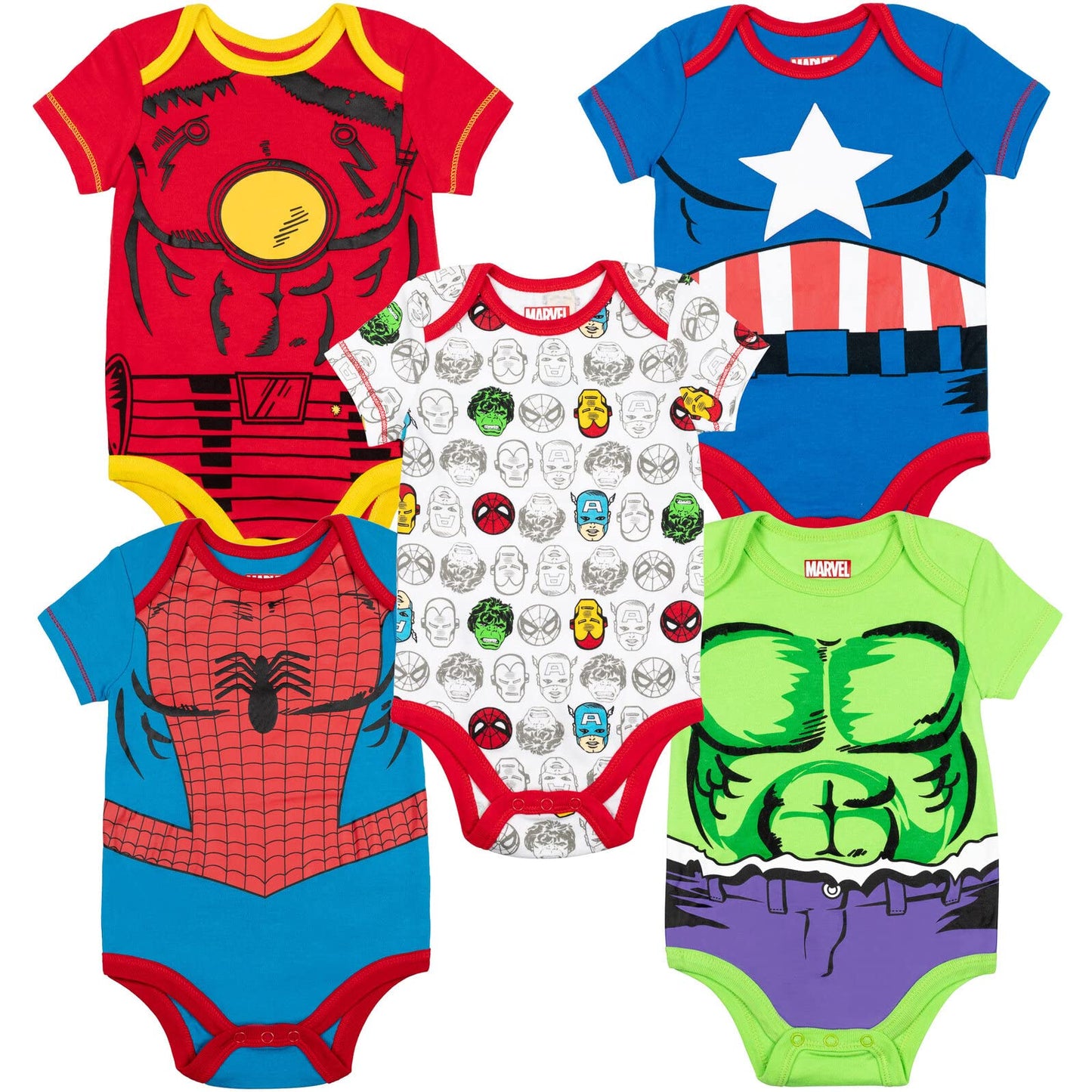 Marvel Baby Boys 5 Pack Bodysuits  The Hulk, Spiderman, Iron Man and Captain America Multi 12 Months