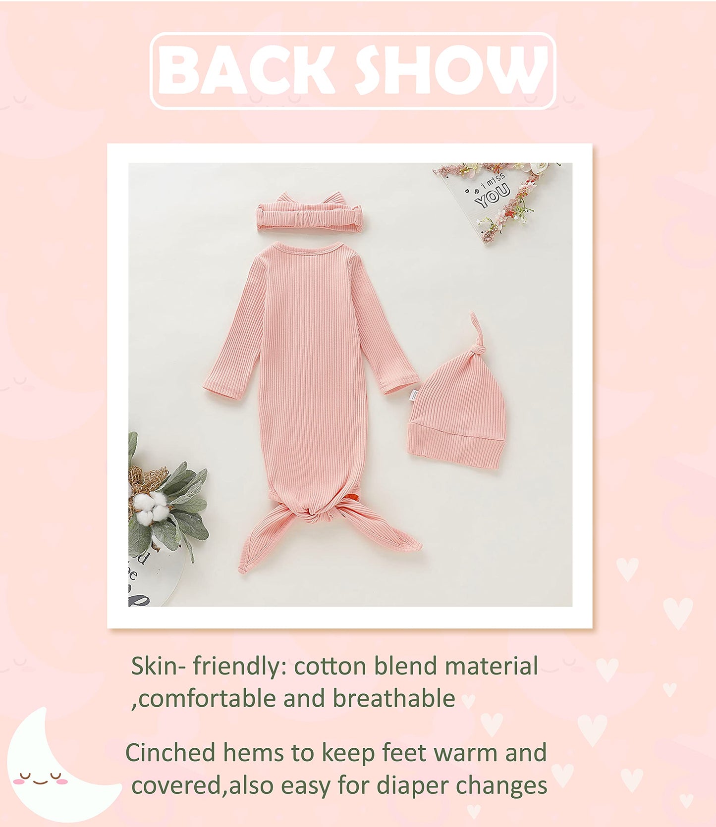 Morygooder Newborn Cotton Nightgowns Neutral Baby Knotted Sleeper Baby Coming Home Outfit (Pink,0-6 Months)