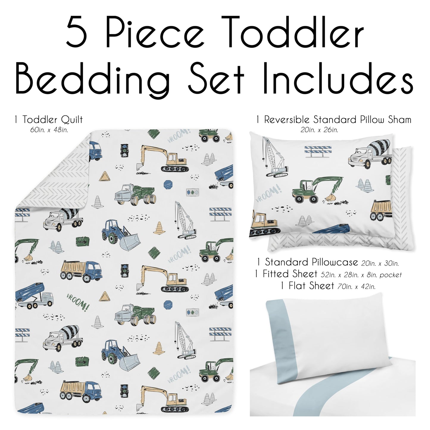 Sweet Jojo Designs Construction Truck Boy Toddler Kid Bedding Set - Childrens 5 Pieces Comforter, Sham And Sheets - Grey Yellow