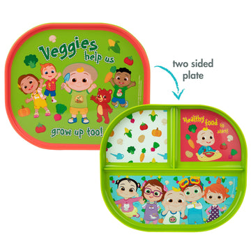 The First Years Cocomelon Toddler Dinnerware Set - Plastic Dinnerware Set And Toddler Utensils - 2 Reversible Baby Plates And 4