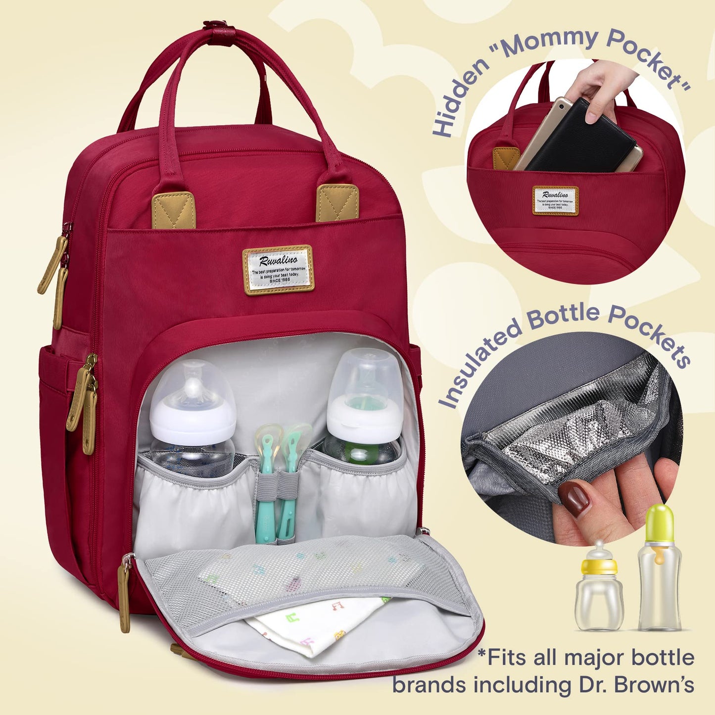 Ruvalino Diaper Bag Backpack, Multifunction Travel Pack Maternity Baby Changing Bags, Large Capacity, Waterproof, Purplish Red